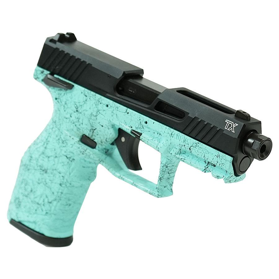 Taurus TX22 Gen 2 Handgun .22 LR 16&22rd Magazines (2) 4.6" Barrel Cyan Splatter Grip/Black Slide Picture of Taurus International Inc. TAURUS 2TX 22 22LR 4'' CYN SPLAT BK/BK 1x16 1x22