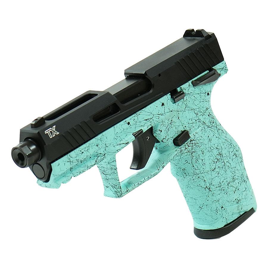 Taurus TX22 Gen 2 Handgun .22 LR 10rd Magazines (2) 4.16" Barrel Cyan Splatter Grip Black Slide Picture of Taurus International Inc. TAURUS 2TX 22 22LR 4'' CYN SPLAT BK/BK 2x10