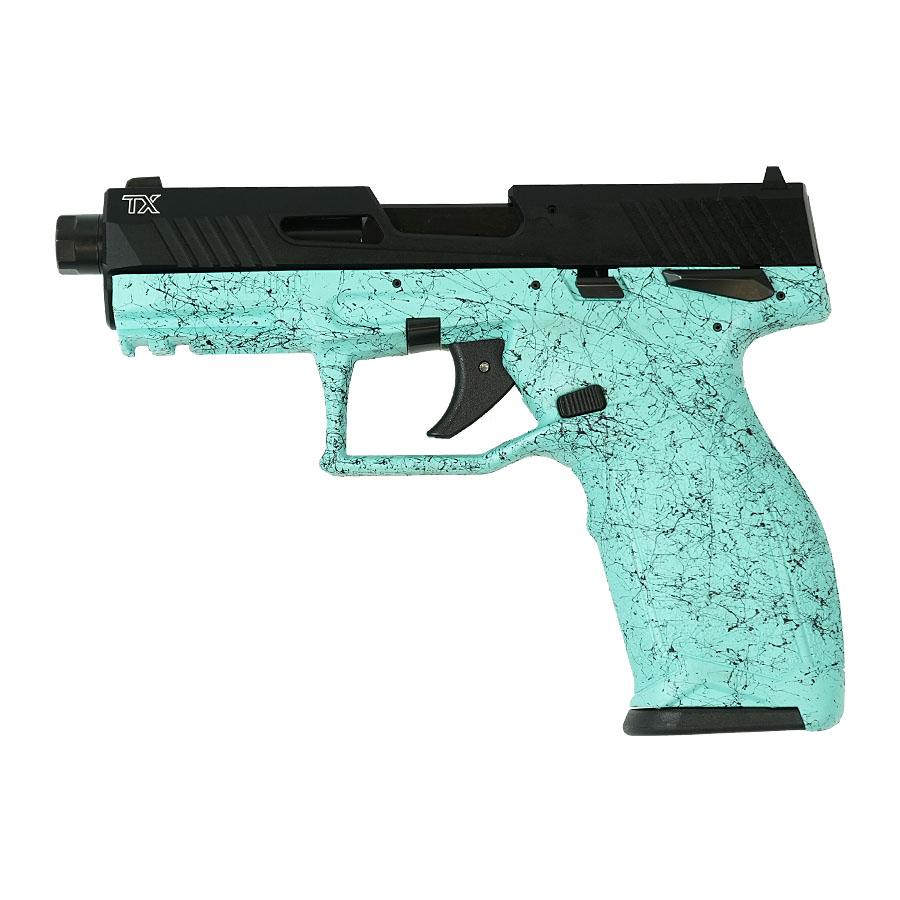 Taurus TX22 Gen 2 Handgun .22 LR 16&22rd Magazines (2) 4.6" Barrel Cyan Splatter Grip/Black Slide Picture of Taurus International Inc. TAURUS 2TX 22 22LR 4'' CYN SPLAT BK/BK 1x16 1x22