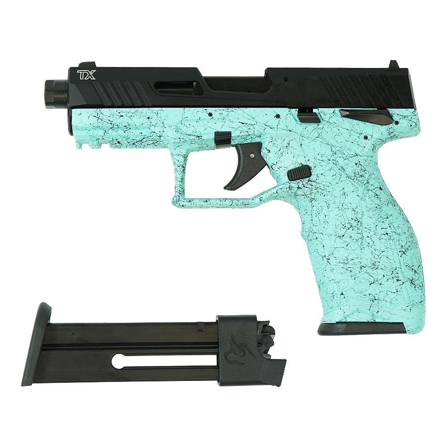 Taurus TX22 Gen 2 Handgun .22 LR 10rd Magazines (2) 4.16" Barrel Cyan Splatter Grip Black Slide Picture of Taurus International Inc. TAURUS 2TX 22 22LR 4'' CYN SPLAT BK/BK 2x10