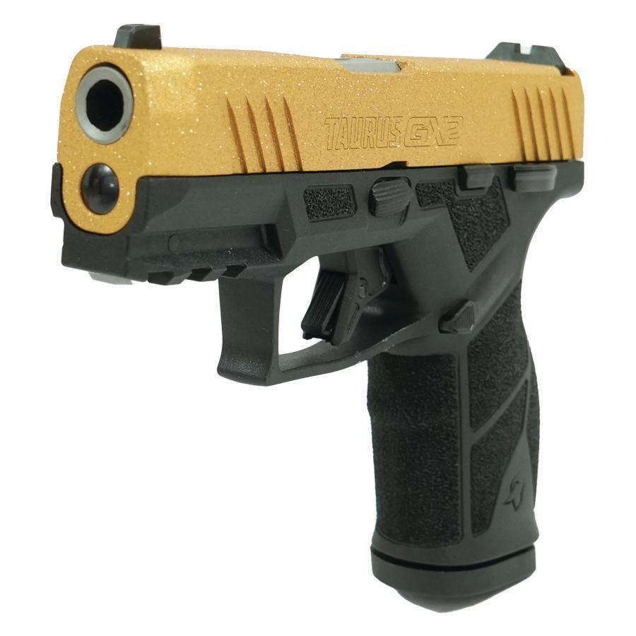 Taurus GX2 "Gold Glitter" Handgun 9mm Luger 13rd Magazines (2) 3.38" Barrel Black Frame/Custom Slide Picture of Taurus International Inc. TAURUS GX2 9MM 3.38'' 2x13 RDS Gold Glitter