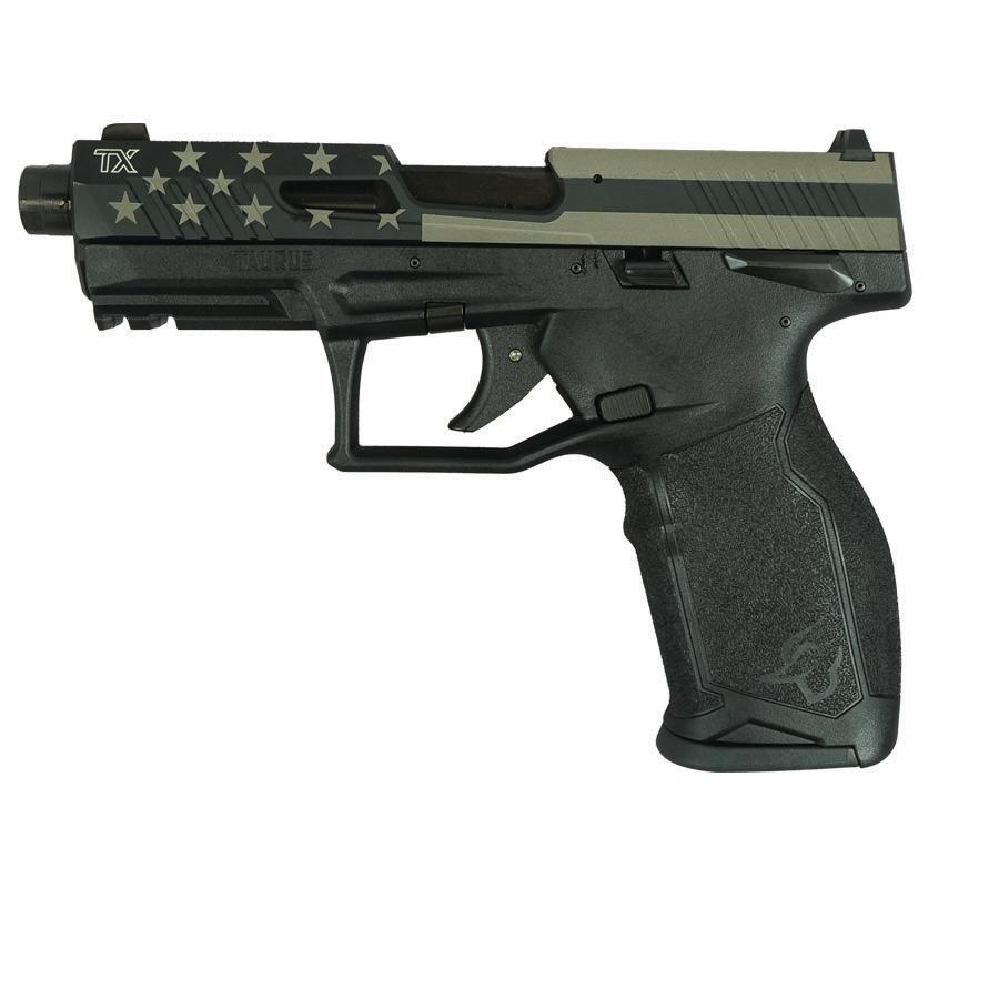 Taurus TX22 Flag Slide Handgun .22 LR 16rd Magazines(2) 4.6" Threaded Barrel Flag Slide/Black Frame Picture of Taurus International Inc. Taurus TX 22 22LR 4.6'' BK/BK 2x16RDS US