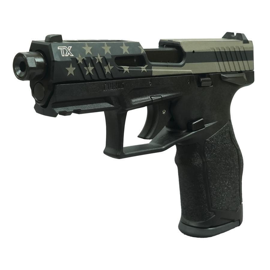 Taurus TX22 Flag Slide Handgun .22 LR 16rd Magazines(2) 4.6" Threaded Barrel Flag Slide/Black Frame Picture of Taurus International Inc. Taurus TX 22 22LR 4.6'' BK/BK 2x16RDS US