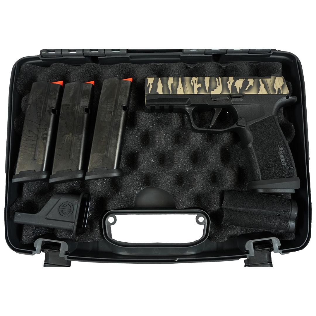 Sig Sauer P365 "Tiger Striped" XMACRO TACOPS Handgun 9mm Luger 17rd Magazines(4) 3.7" Barrel Picture of Sig Sauer SIG P365 XMACRO TACOPS 9MM 3.7" Brl - (4) 17rd Steel Mags-Tiger Stripe Slid