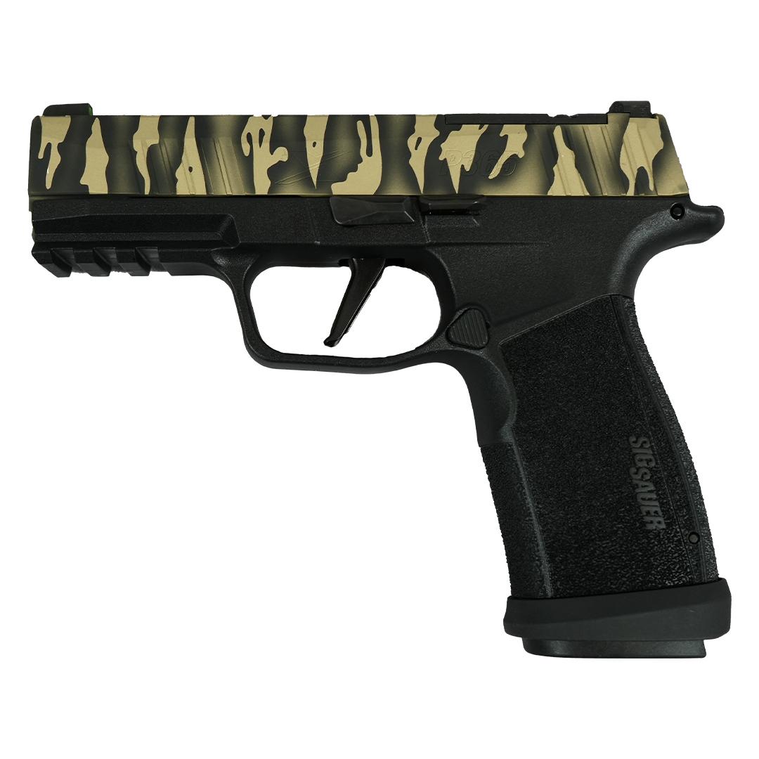 Sig Sauer P365 "Tiger Striped" XMACRO TACOPS Handgun 9mm Luger 17rd Magazines(4) 3.7" Barrel Picture of Sig Sauer SIG P365 XMACRO TACOPS 9MM 3.7" Brl - (4) 17rd Steel Mags-Tiger Stripe Slid