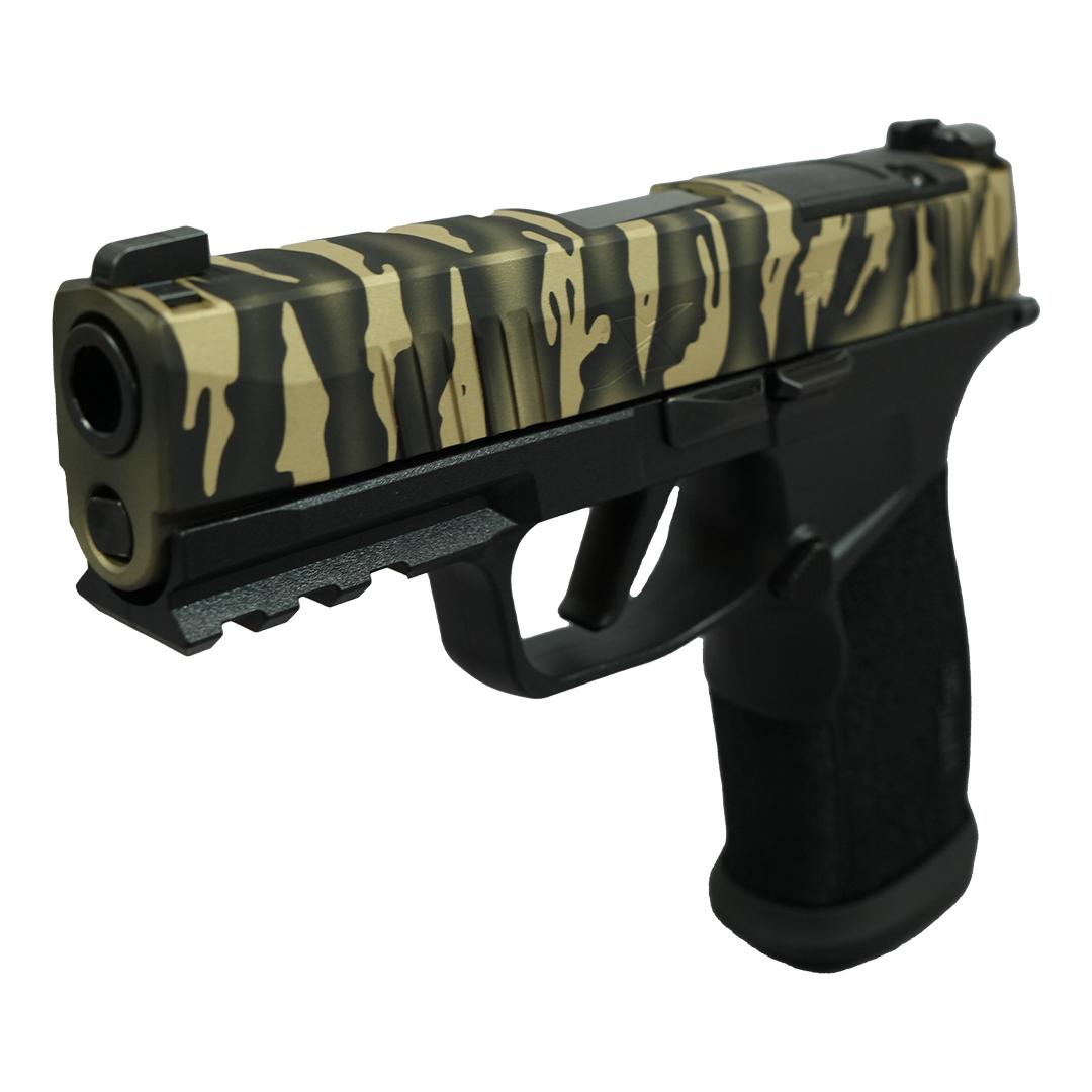 Sig Sauer P365 "Tiger Striped" XMACRO TACOPS Handgun 9mm Luger 17rd Magazines(4) 3.7" Barrel Picture of Sig Sauer SIG P365 XMACRO TACOPS 9MM 3.7" Brl - (4) 17rd Steel Mags-Tiger Stripe Slid