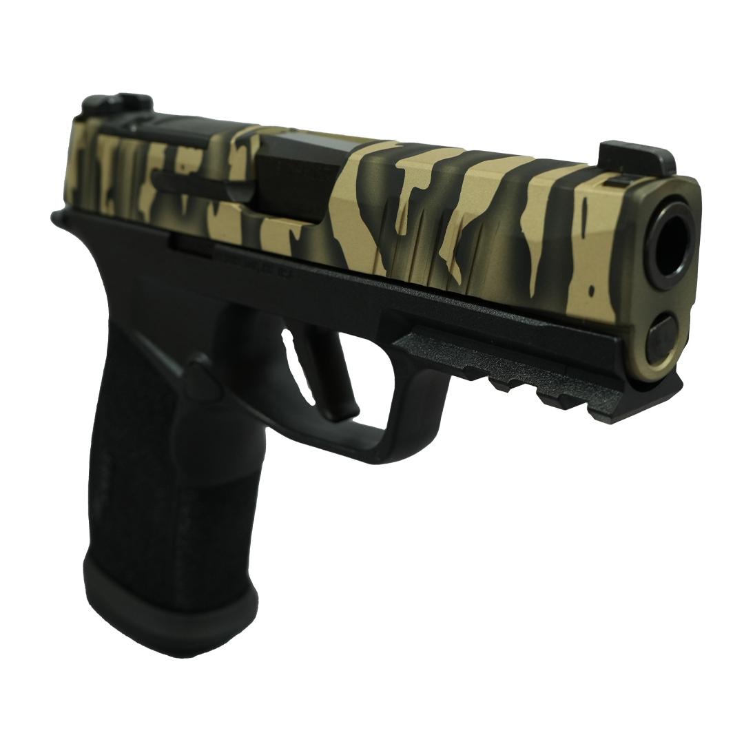 Sig Sauer P365 "Tiger Striped" XMACRO TACOPS Handgun 9mm Luger 17rd Magazines(4) 3.7" Barrel Picture of Sig Sauer SIG P365 XMACRO TACOPS 9MM 3.7" Brl - (4) 17rd Steel Mags-Tiger Stripe Slid