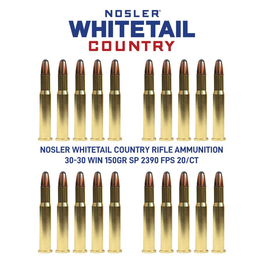 Nosler Whitetail Country Rifle Ammunition 30-30 Win 150gr SP 2390 fps 20/ct Picture of Nosler Bullets Inc. Nosler WCA-30-30 Win 150g SB RN (20ct) Ammo