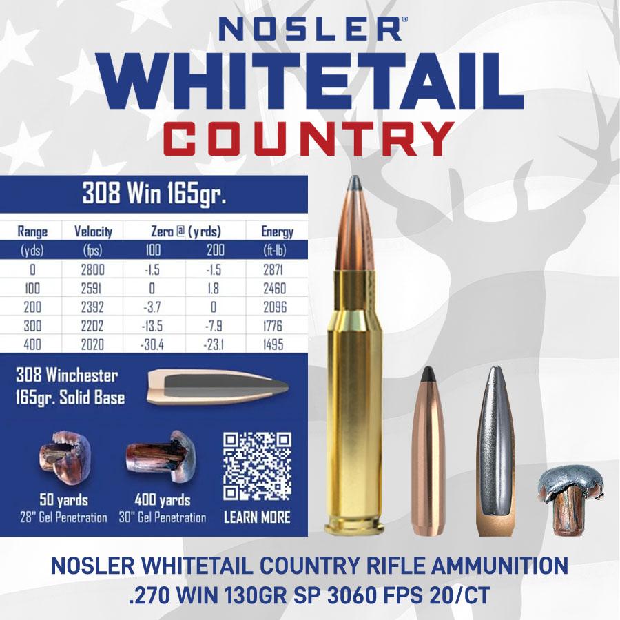 Nosler Whitetail Country Rifle Ammunition .308 Win 165gr SP 2800 fps 20/ct Picture of Nosler Bullets Inc. Nosler WCA-308 Win 165g SB SP (20ct) Ammo