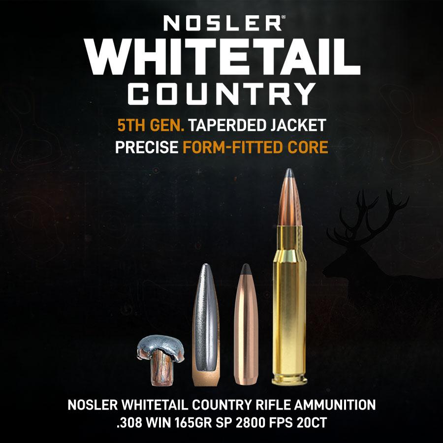 Nosler Whitetail Country Rifle Ammunition .308 Win 165gr SP 2800 fps 20/ct Picture of Nosler Bullets Inc. Nosler WCA-308 Win 165g SB SP (20ct) Ammo