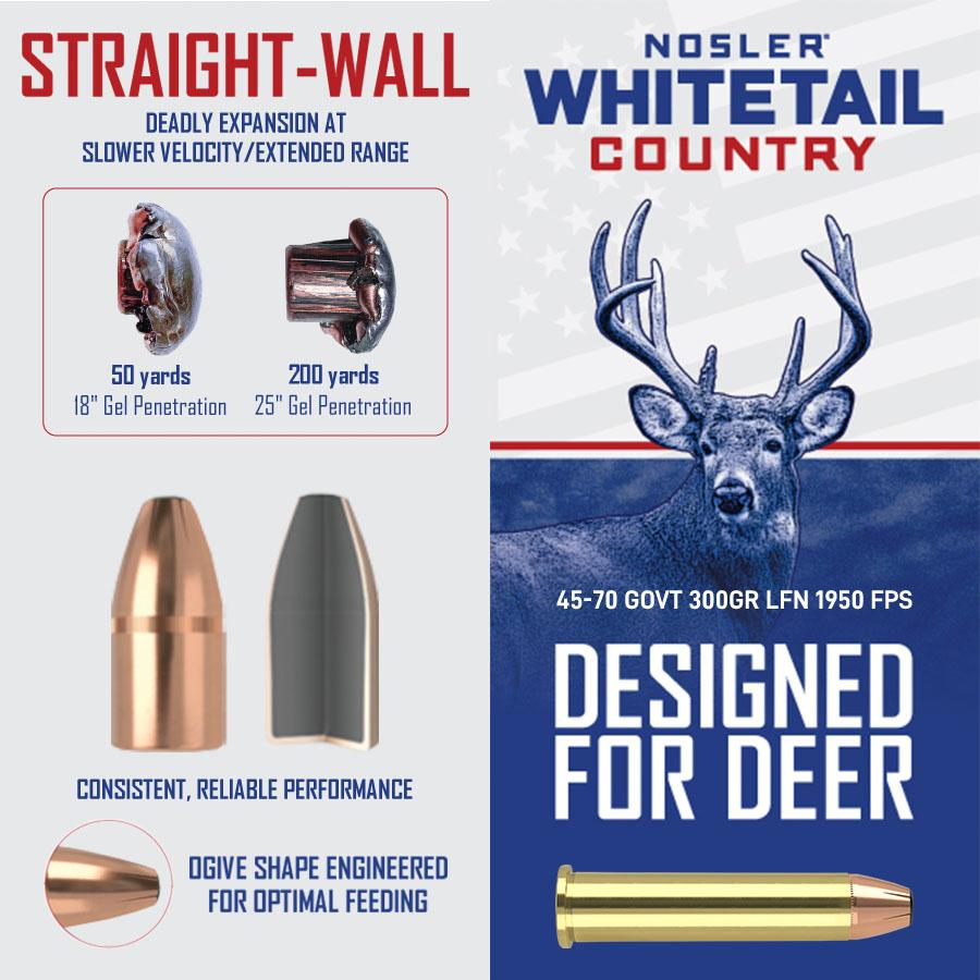 Nosler Whitetail Country Rifle Ammunition 45-70 Govt 300gr LFN 1950 fps 20/ct Picture of Nosler Bullets Inc. Nosler WCA-45-70 Govt 300g SW (20ct) Ammo