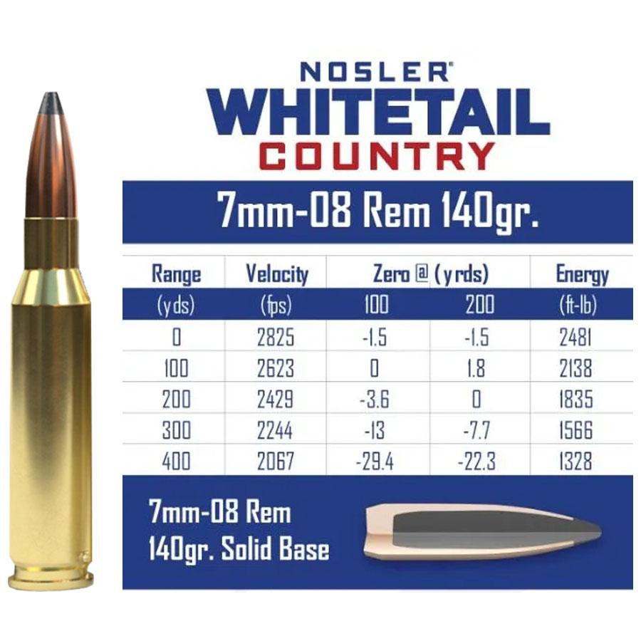 Nosler Whitetail Country Rifle Ammunition 7mm-08 Rem 140gr SP 2825 fps 20/ct Picture of Nosler Bullets Inc. Nosler WCA-7mm-08 Rem 140g SB SP (20ct) Ammo