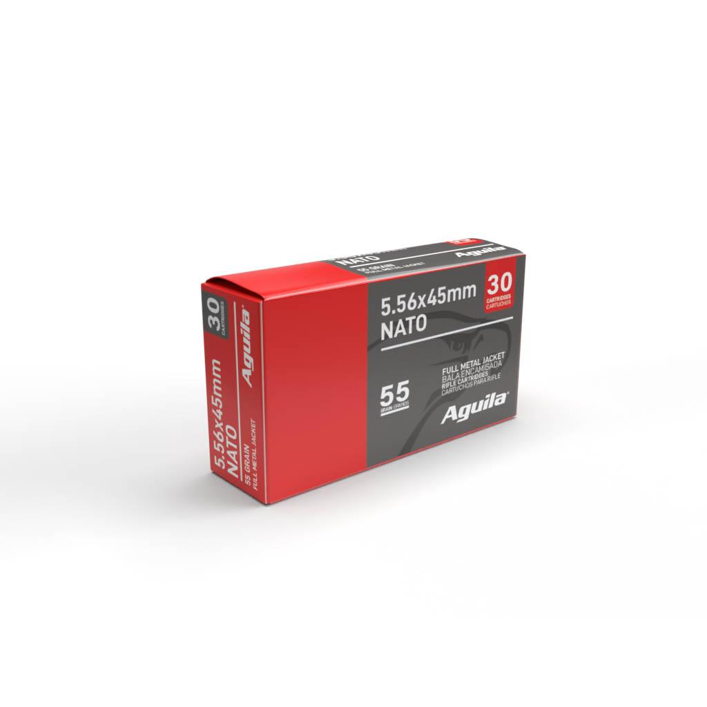 Aguila 5.56mm NATO Rifle Ammunition 5.56mm 55 Grain FMJ 3164 fps 30/ct Picture of TXAT - DBA Aguila Ammunition Aguila 5.56mm NATO 55 Grain FMJ 30 Round Box