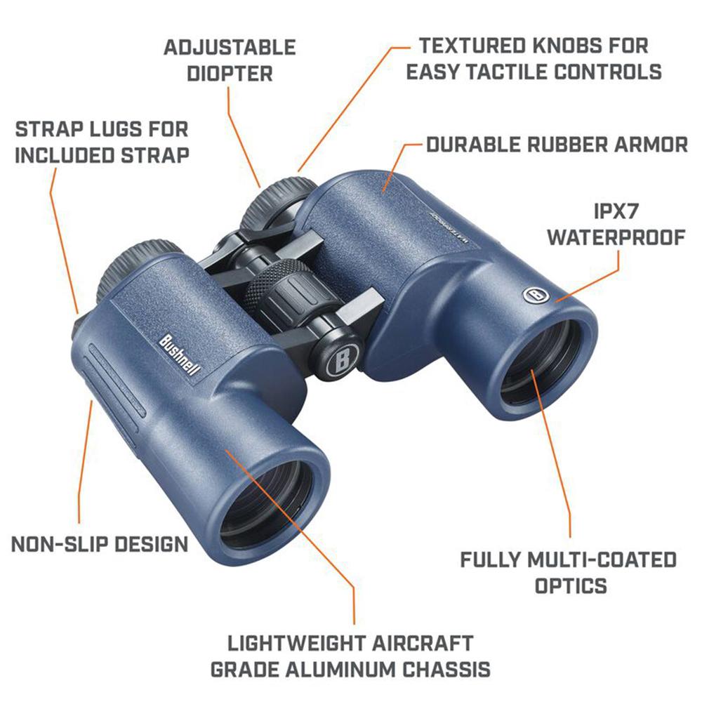 Bushnell H2O Binoculars 10x42 Blue Picture of Bushnell BUSHNELL 10x42mm Dark Blue Porro WP/FP Twist Up Eyecups 6L