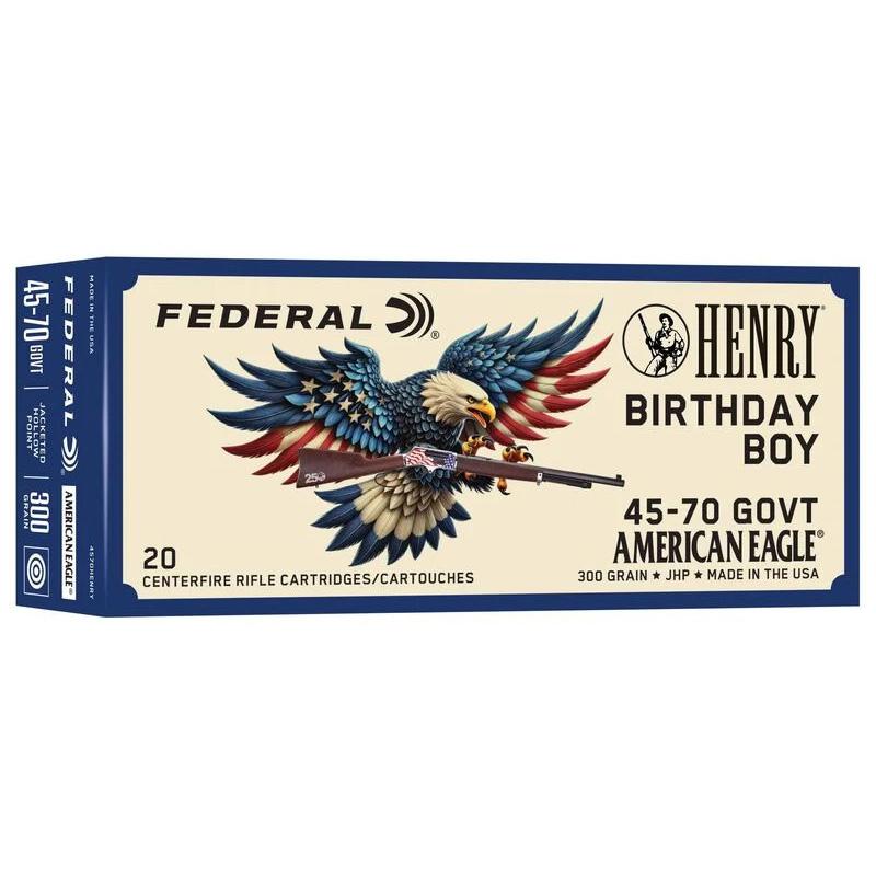 Federal Henry 250th Anniversary Rifle Ammunition .45-70 Govt 300gr HP 1850 fps 20/ct Picture of Federal Cartridge Co. FEDERAL HENRY BIRTHDAY BOY EDITION 45-70 GOVT 300 GRAIN JSP 20/RDS