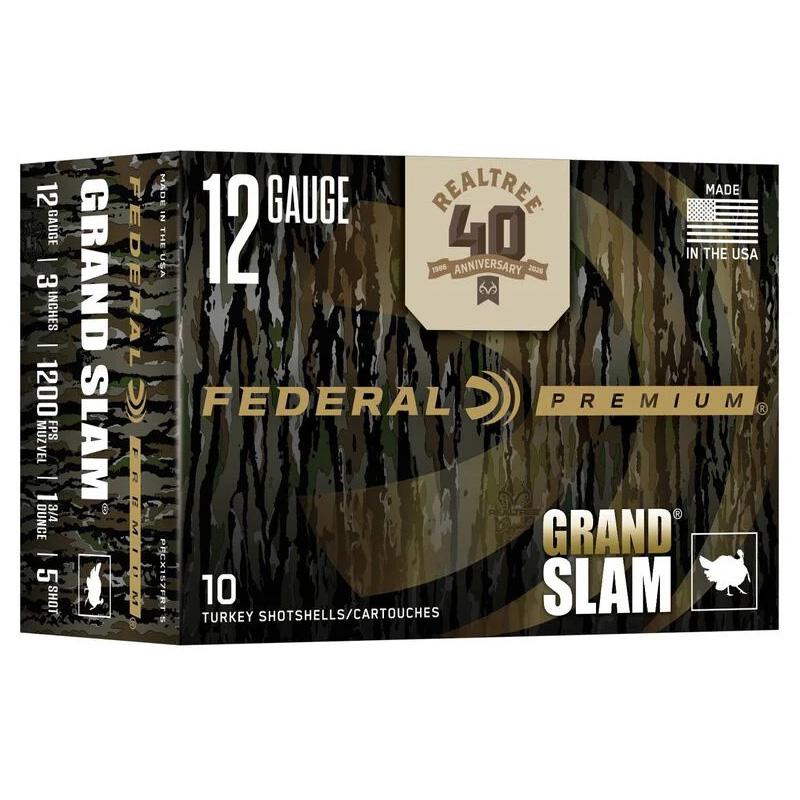 Federal Grand Slam Realtree 40th Anniversary Shotshells 12ga 3" 1-3/4oz 1200 fps #5 10/ct Picture of Federal Cartridge Co. FEDERAL Grand Slam Realtree 40th Anniv 12GA 3 IN 1 3/4OZ #5 LEAD 10 ROUNDS