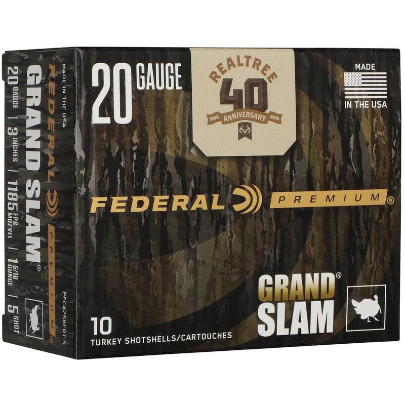 Federal Grand Slam Realtree 40th Anniversary Shotshells 20ga 3" 1-5/16oz 1185 fps #5 10/ct Picture of Federal Cartridge Co. FEDERAL Grand Slam Realtree 40th Anniv 20GA 3 IN 1 5/16OZ #5 LEAD 10 ROUNDS