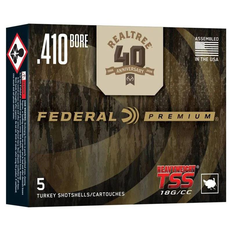 Federal Heavyweight TSS Realtree 40th Anniversary Special Edition Shotshell 410 ga 3" 13/16oz 1100 fps #9 5/ct Picture of Federal Cartridge Co. FEDERAL HEAVYWEIGHT TSS Realtree 40th Anniv 410 3 IN 13/16OZ #9 5 ROUNDS