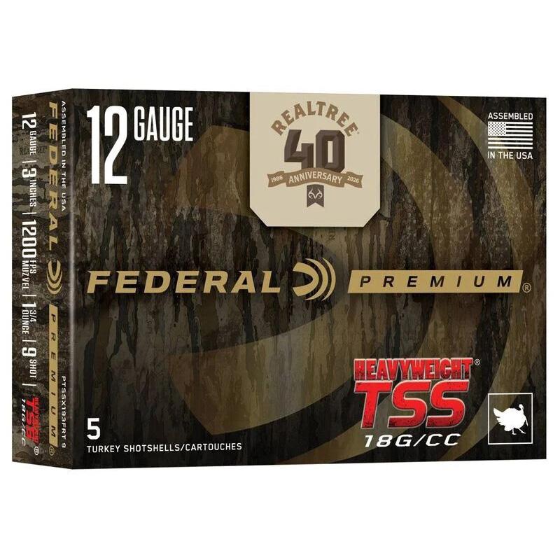 Federal Heavyweight TSS Realtree 40th Anniversary Special Edition Shotshell 12ga 3" 1-3/4oz 1200 fps #9 5/ct Picture of Federal Cartridge Co. FEDERAL HEAVYWEIGHT TSS Realtree 40th Anniv 12GA 3 IN 1 3/4OZ #9 5 ROUNDS