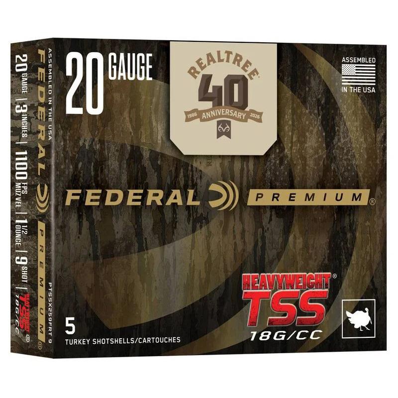 Federal Heavyweight TSS Realtree 40th Anniversary Special Edition Shotshell 20ga 3" 1-1/2oz 1100 fps #9 5/ct Picture of Federal Cartridge Co. FEDERAL HEAVYWEIGHT TSS Realtree 40th Anniv 20GA 3 IN 1 1/2OZ #9 5 ROUNDS