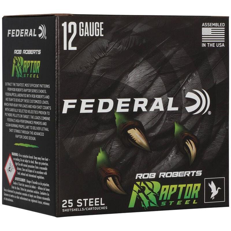 Federal Rob Roberts Raptor Steel Shotshells 12ga 3" 1-3/8oz 1400 fps #4 25/ct Picture of Federal Cartridge Co. SS 12 GA 3 IN 1 3/8 OZ 1400FPS #4 RAPTOR STEEL 25 ROUNDS
