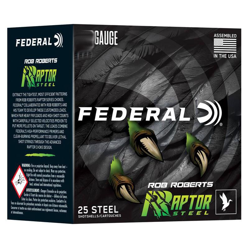 Federal Ron Roberts Raptor Steel Shotshells 20ga 3" 1oz 1400 fps #2 25/ct Picture of Federal Cartridge Co. 20GA 3 IN 1OZ 1400FPS #2 RAPTOR STEEL 25 ROUNDS