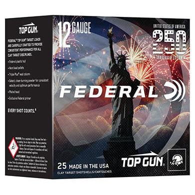 Federal Top Gun Target 250th Anniversary Shotshell 12 ga 2-3/4" 1-1/8 oz #8 1145 fps 25/ct Picture of Federal Cartridge Co. 12 GA 2 3/4 INCH 1 1/8OZ 8 USA 250TH TOP GUN 25 ROUNDS