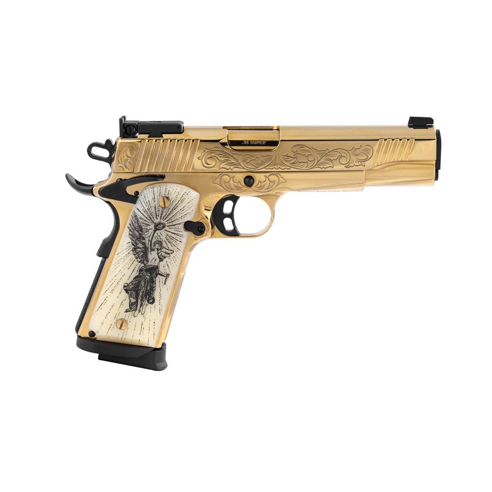 EAA Girsan MC1911 Gold Lux Handgun .38 Super 9rd Magazines(2) 5" Barrel Engraved Slide and Grips Luxury Case Picture of EAA - European American Armory Corp EAA MC1911 Gold 38 Super Engraved Slide and Grips