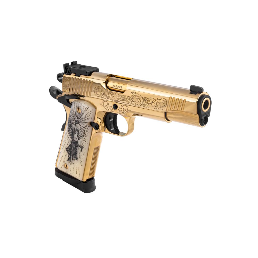 EAA Girsan MC1911 Gold Lux Handgun .38 Super 9rd Magazines(2) 5" Barrel Engraved Slide and Grips Luxury Case Picture of EAA - European American Armory Corp EAA MC1911 Gold 38 Super Engraved Slide and Grips