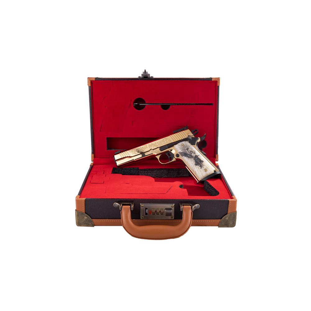 EAA Girsan MC1911 Gold Lux Handgun .38 Super 9rd Magazines(2) 5" Barrel Engraved Slide and Grips Luxury Case Picture of EAA - European American Armory Corp EAA MC1911 Gold 38 Super Engraved Slide and Grips