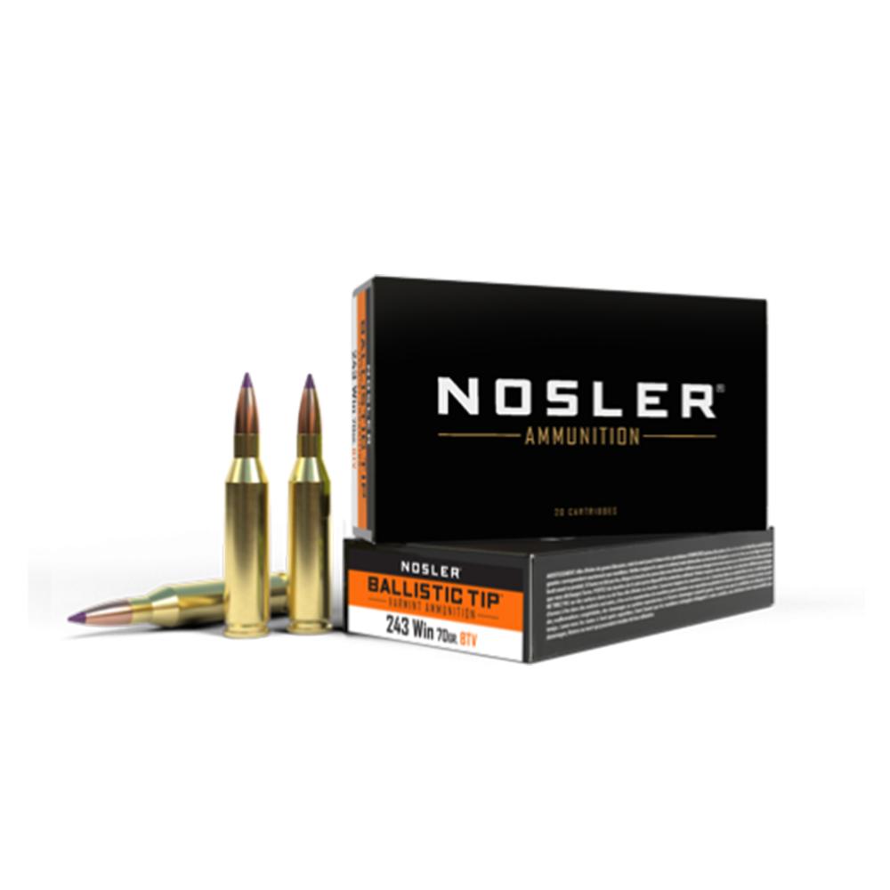 Nosler Ballistic Tip Varmint Rifle Ammunition .243 Win 70gr BT SP 3500 fps 20/ct Picture of Nosler Bullets Inc. BTA-243 Win 70g BT SP (20ct) Ammo