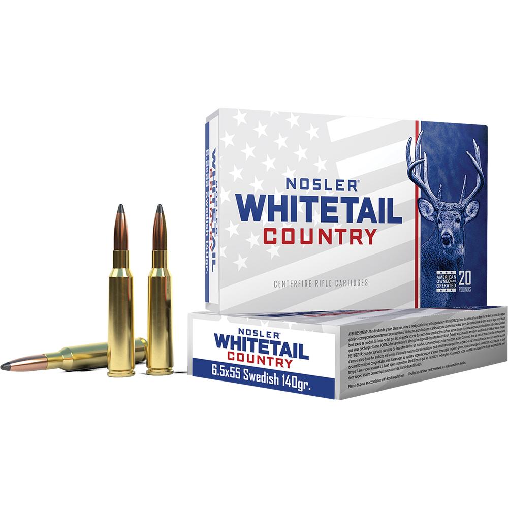 Nosler Whitetail Country Rifle Ammunition 6.5x55mm Swedish Mauser 140gr JSP 2600 fps 20/ct Picture of Nosler Bullets Inc. WCA-6.5x55 Swed 140g SB SP (20ct) Ammo