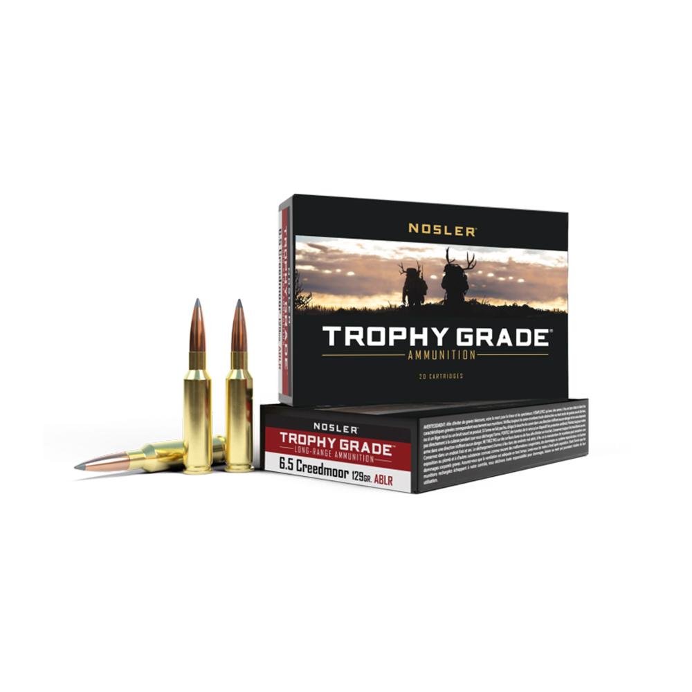 Nosler Trophy Grade Accubond Long Range Rifle Ammunition 6.5 Creedmoor 129gr ABLR SP 2850 fps 20/ct Picture of Nosler Bullets Inc. TGA-6.5mm Creedmoor 129g ABLR SP (20ct) Ammo