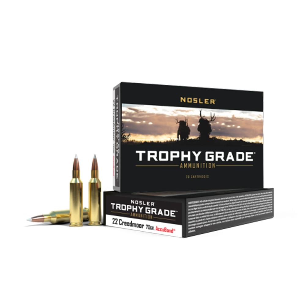 Nosler Accubond Trophy Grade Ammunition Rifle Ammunition 22 Creedmoor 70gr PP 3350 fps 20/ct Picture of Nosler Bullets Inc. TGA-22 Crdmr 70g AB SP (20ct) Ammo