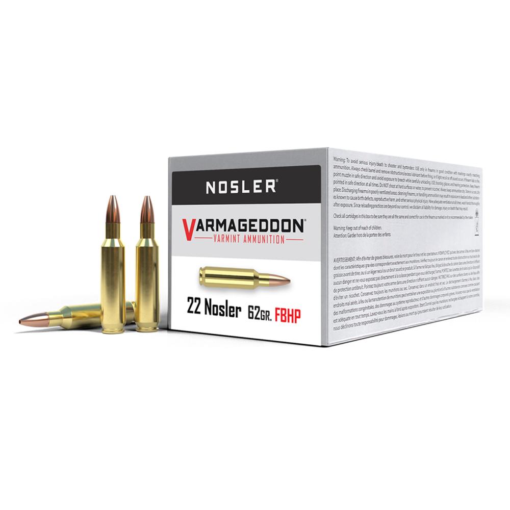 Nosler Varmageddon Rifle Ammunition .22 Nosler 62gr HPFB 3250 fps 20/ct Picture of Nosler Bullets Inc. VGA-22 Nosler 62g VG HPFB (50ct) Ammo