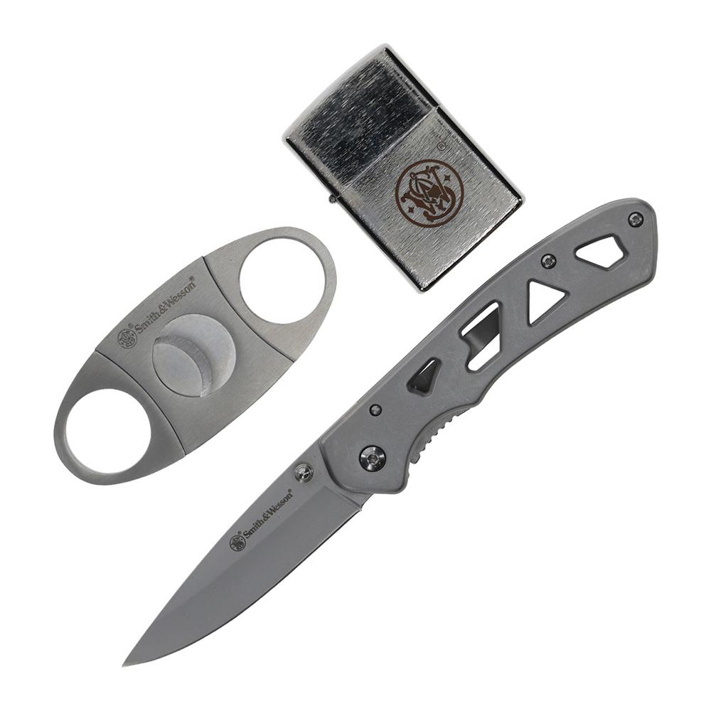 Smith & Wesson Folding Knife Cigar Cutter and Lighter Combo 3" Drop Point Blade Silver