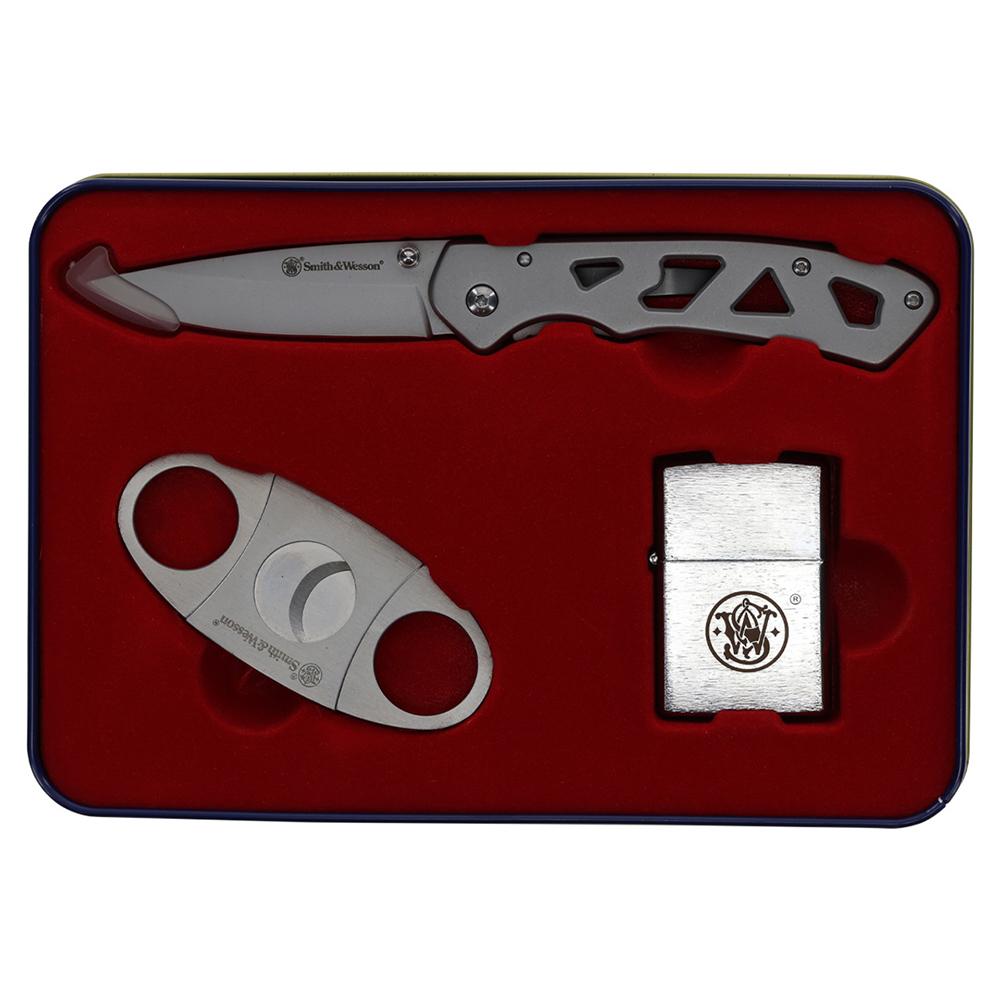 Smith & Wesson Folding Knife Cigar Cutter and Lighter Combo 3" Drop Point Blade Silver Picture of Battenfeld Knives S&W Cigar Combo