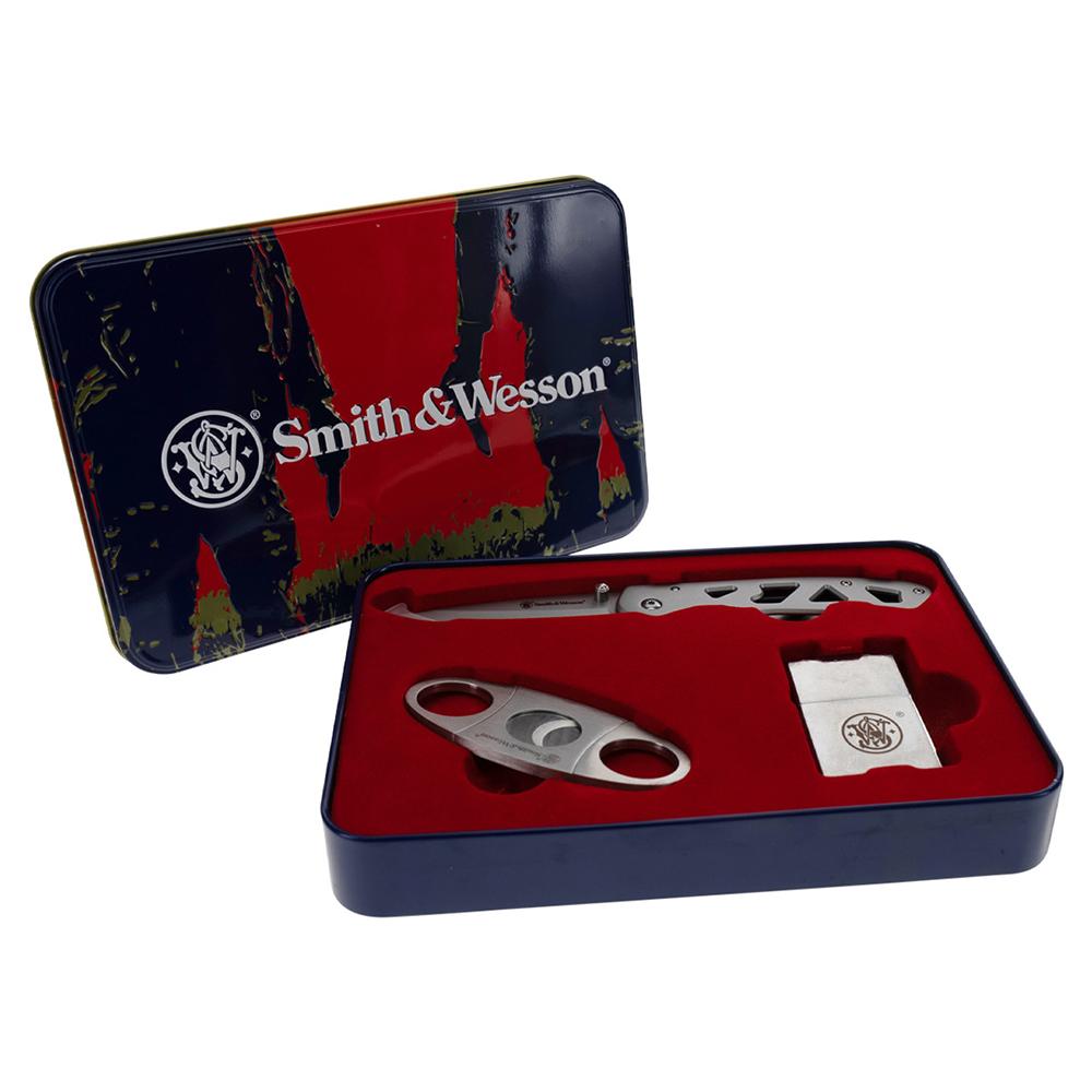 Smith & Wesson Folding Knife Cigar Cutter and Lighter Combo 3" Drop Point Blade Silver Picture of Battenfeld Knives S&W Cigar Combo