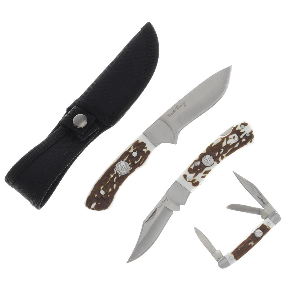 Uncle Henry Knife Combo with Tin 1 Fixed Knife 2 Folding Knives Picture of Battenfeld Knives Uncle Henry 2 Fixed/Folder Combo