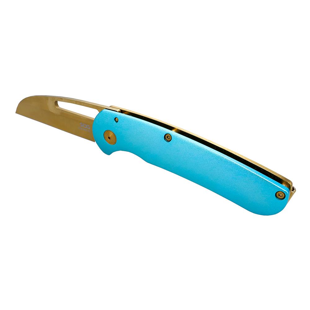 SOG Knives Escape FL Folding Knife 3" Sheepsfoot Blade Blue Gold Picture of Sog Specialty Knives Inc. SOG ESCAPE FL 3'' BLADE BLISTER PACK BLUE + GOLD