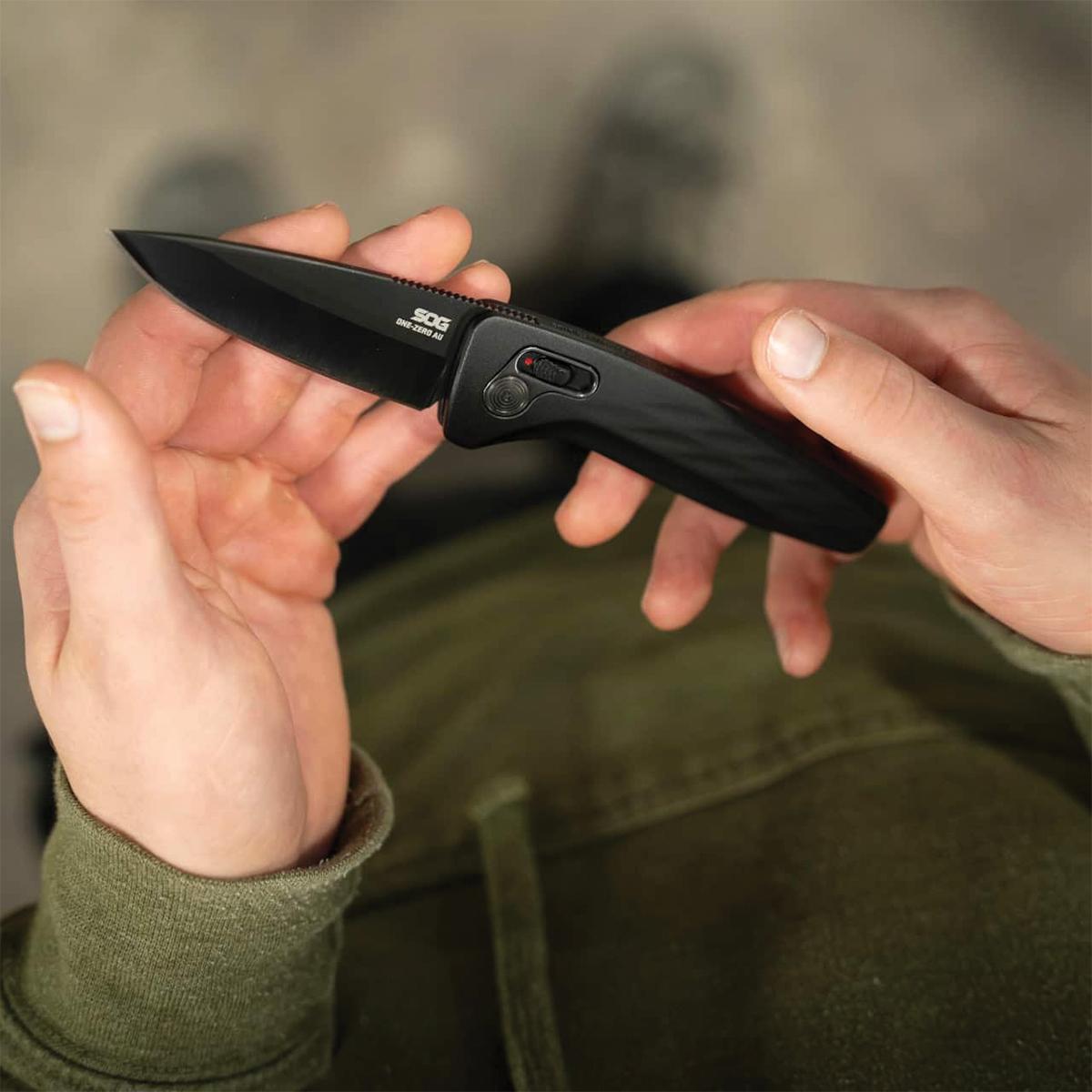 SOG Knives One Zero AU 3 1/10" Blade Black and Chrome Picture of Sog Specialty Knives Inc. ONE-ZERO AU - BLACK and CHROME