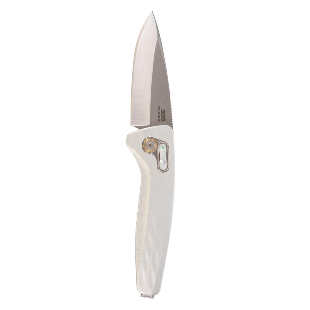 SOG Knives One-Zero AU Folding Knife 3-1/10 Drop Point Blade Silver Chrome Picture of Sog Specialty Knives Inc. SOG ONE ZERO AU 3.1'' DROP POINT BLADE BOX SILVER + CHROME