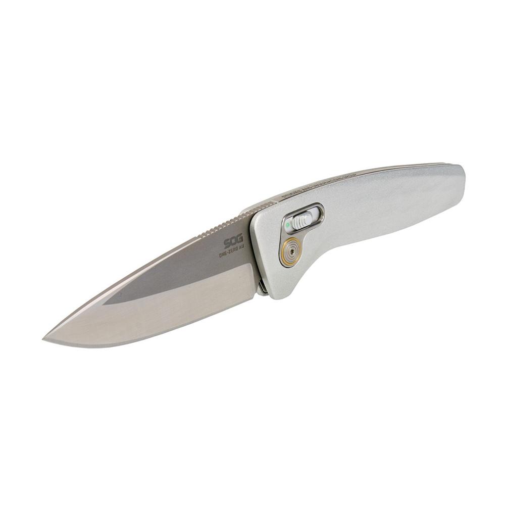 SOG Knives One-Zero AU Folding Knife 3-1/10 Drop Point Blade Silver Chrome Picture of Sog Specialty Knives Inc. SOG ONE ZERO AU 3.1'' DROP POINT BLADE BOX SILVER + CHROME