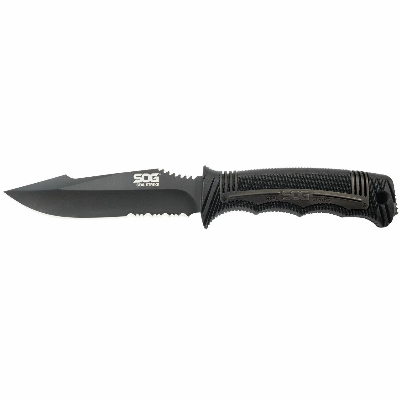 SOG SEAL Strike Knife 4.9" Partially Serrated Blade Black Picture of Sog Specialty Knives Inc. SEAL STRIKE - BLACK TINI- DELUXE SHEATH