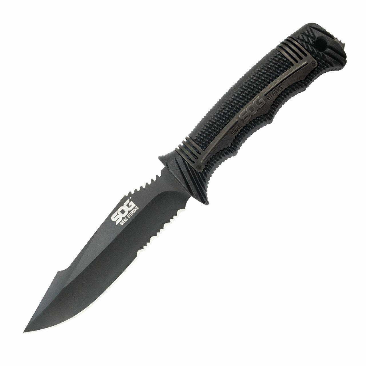SOG SEAL Strike Knife 4.9" Partially Serrated Blade Black Picture of Sog Specialty Knives Inc. SEAL STRIKE - BLACK TINI- DELUXE SHEATH