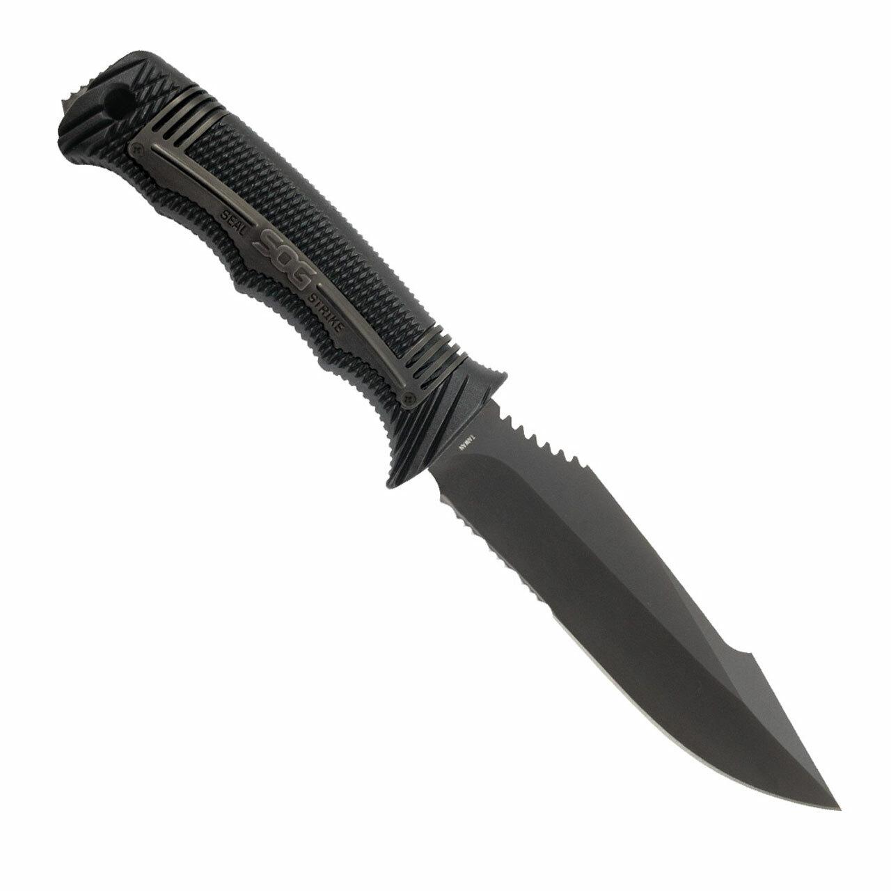 SOG SEAL Strike Knife 4.9" Partially Serrated Blade Black Picture of Sog Specialty Knives Inc. SEAL STRIKE - BLACK TINI- DELUXE SHEATH