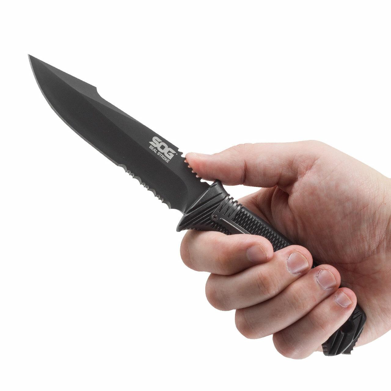 SOG SEAL Strike Knife 4.9" Partially Serrated Blade Black Picture of Sog Specialty Knives Inc. SEAL STRIKE - BLACK TINI- DELUXE SHEATH