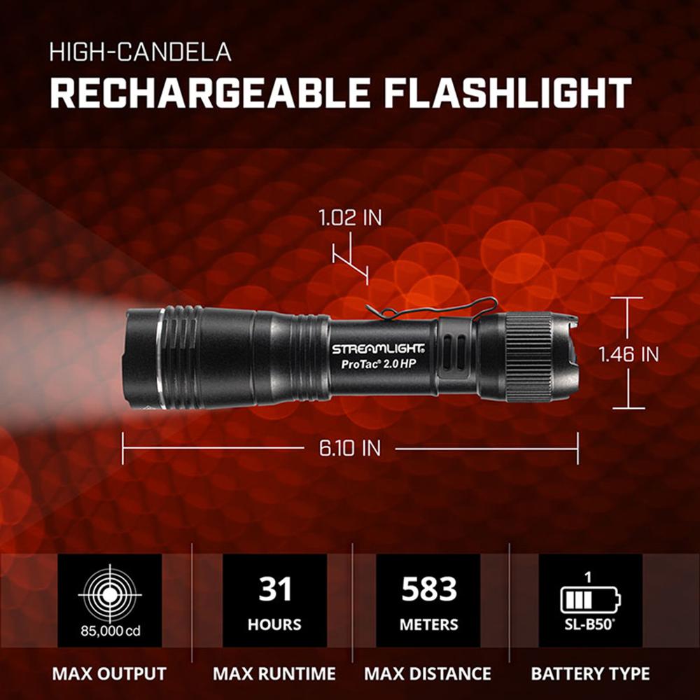 Streamlight Protac 2.0 HP Flashlight 2000 Lumens Black Picture of Streamlight SL ProTac 2.0 HP Inclds 1 SL-B50 Rchrg BattPck Nyln Hlstr & USB-C Crd Box
