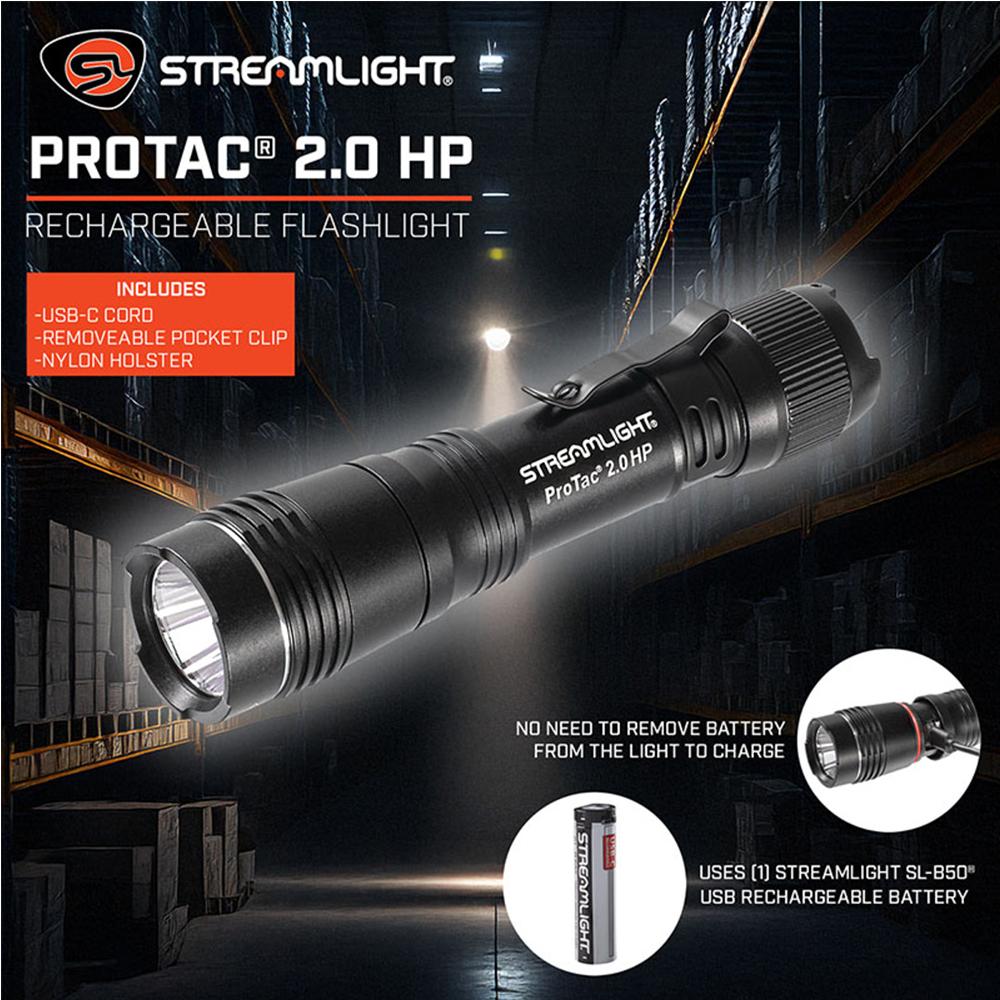 Streamlight Protac 2.0 HP Flashlight 2000 Lumens Black Picture of Streamlight SL ProTac 2.0 HP Inclds 1 SL-B50 Rchrg BattPck Nyln Hlstr & USB-C Crd Box