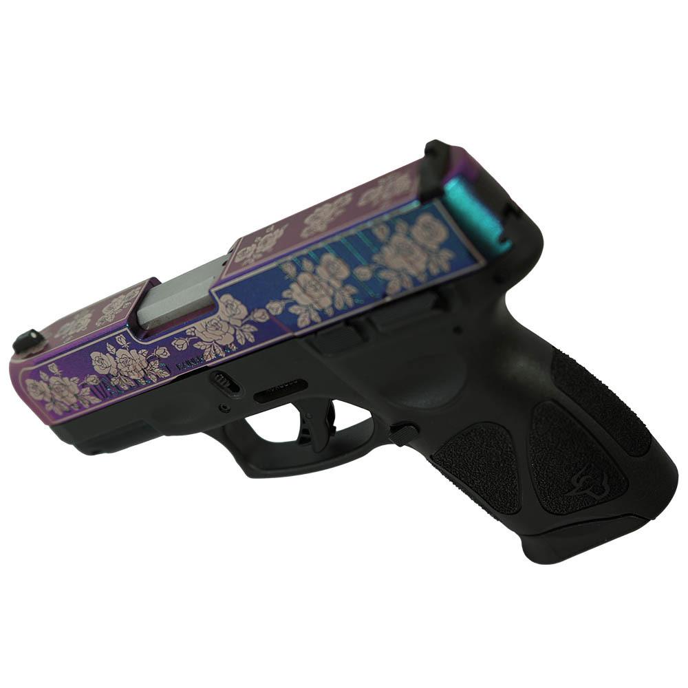 Taurus G3C "Guns & Roses Engraved Mongoose Purple" Handgun 9mm Luger 12rd Magazines(2) 3.26'' Barrel Picture of Taurus International Inc. G3C 9MM BK/BK 3.26 '' 2x12-GUNS & ROSES ENGR SLIDE MONGOOSE PURPLE